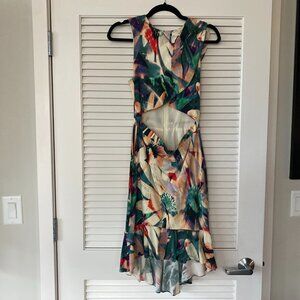 Artelier Nicole Miller Calatheas Floral Ruffle Cutout Hi-Lo Sheath, Size 4